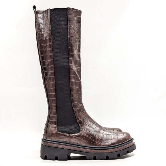 Torgeis NY Women Brown Croc Vegan Leather Stretch Elastic Panel Knee Boots sz 6. - Picture 5 of 11